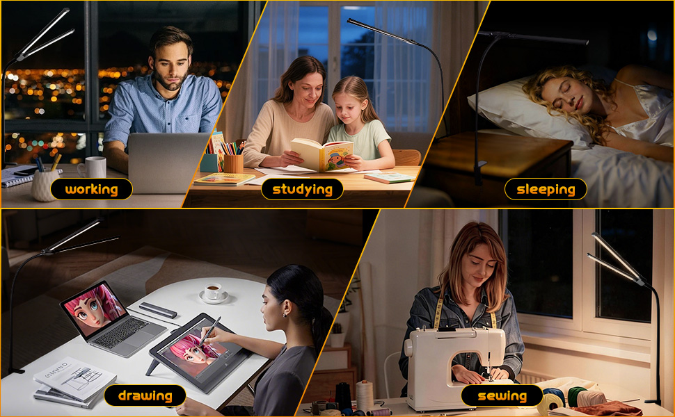 Multiple images showing people using a desk-mounted LED light bar in dark environments. Light bar provides focused illumination for reading and working at night.