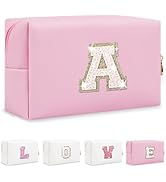 Small Personalized Initial A-Z Patch Makeup Bag,Pink Cute PU Leather Glitter Letter Cosmetic Bag ...