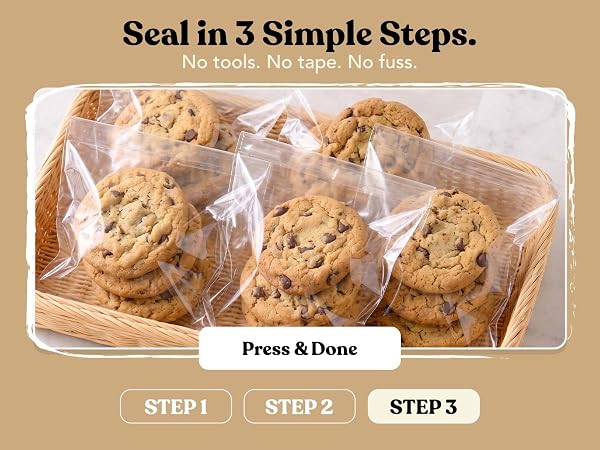 Step 3, press and done: sealed clear cello cookie bags stacked in a woven basket