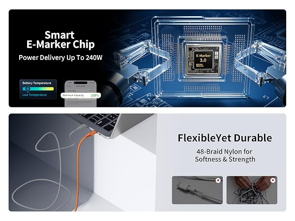 Smart E-Marker Chip, Power Delivery Up To 240W, 48-Braid Nylon for Softness & Strength