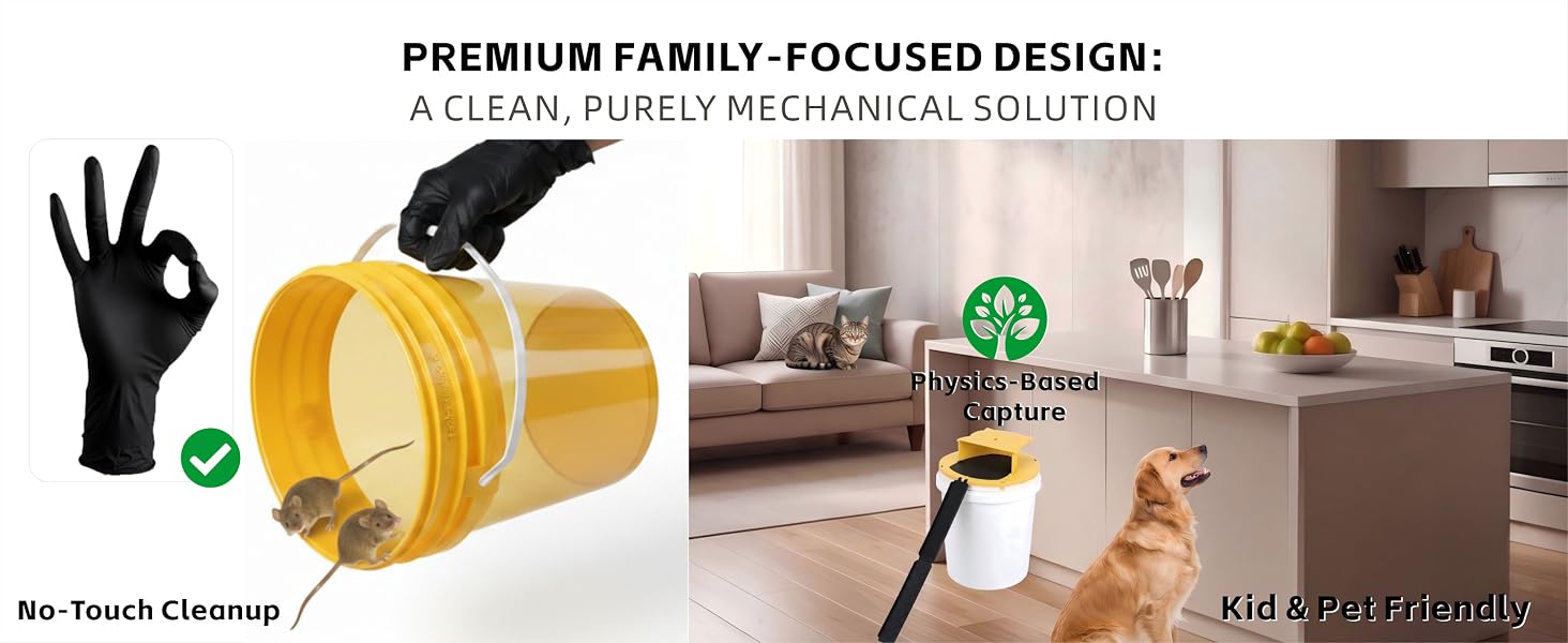 bucket mouse trap: clean no-touch disposal and purely mechanical pet-safe design.