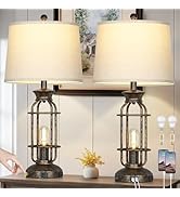 28" Vintage Table Lamps for Living Room, Industrial Farmhouse Table Lamp with USB C+A Ports & Out...
