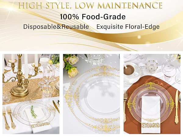 clear and gold plastic plates