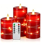 3 Pack Red Real Wax Flameless Taper Candles, Realistic Flickering LED Candles with Surrounding Fa...