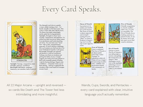 tarot guide open to Major Arcana meanings page showing detailed card interpretations