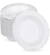 Bestluck 50 Pack White Plastic Bowls with Silver Rim, 12oz Plastic Salad Bowl, Disposable Bowls f...
