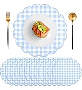 60 Pcs Blue and White Gingham Paper Placemats,13.5 Inch Scalloped Blue Checkered Place Mat Dispos...
