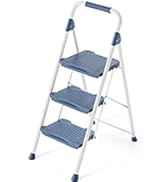 Three-step folding ladder with blue non-slip treads and aluminum frame, featuring wide steps and rubber-tipped feet for stability.