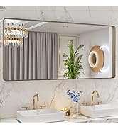 LOAAO 60”X28” Bronze Bathroom Mirrors for Vanity, Rounded Rectangle Brushed Bronze Metal Frame Mi...