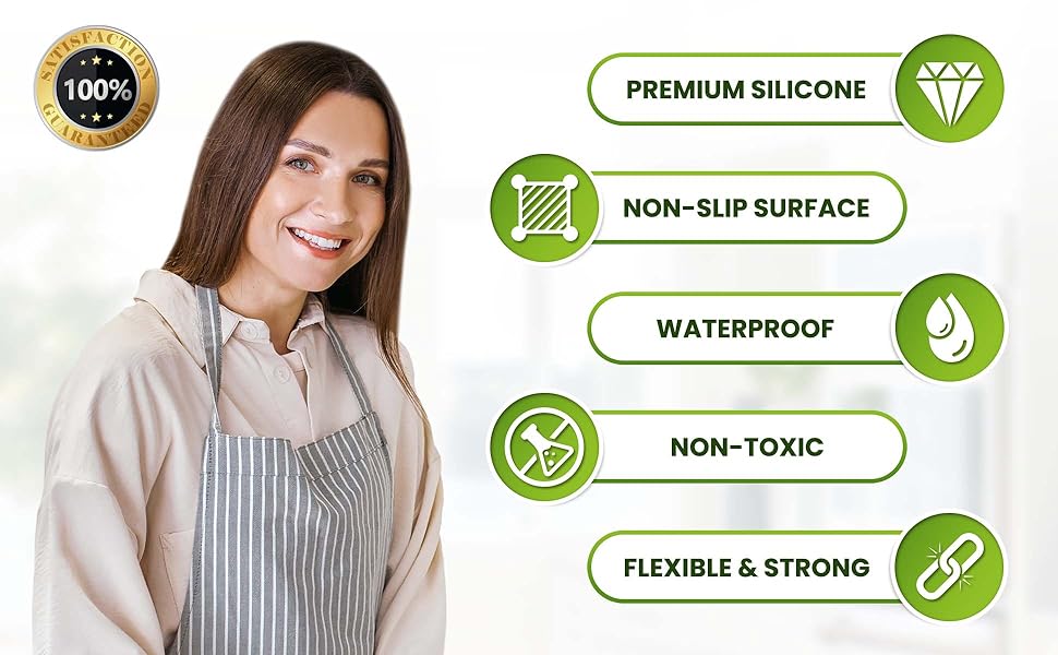 Benefits of our mats: Premium silicone, non-slip surface, waterproof, non-toxic, flexible