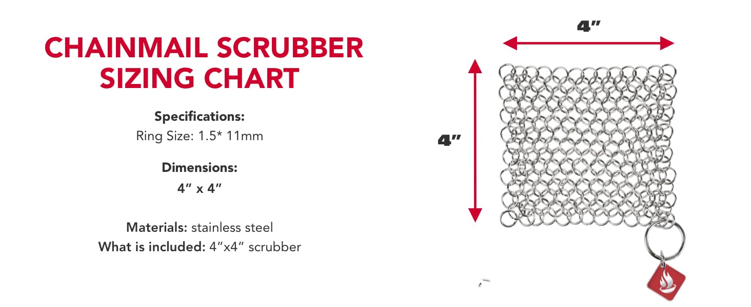 Chainmail Dishcloth Sizing Chart showing a square scrubber measuring 4 inches by 4 inches.