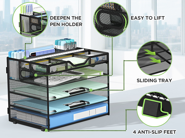 Deep Pen Holders, Sliding Trays & Anti-Slip Feet
