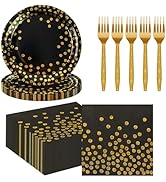 75PCS Paper Plates and Napkins Set, Disposable7IN Black Gold Dessert Plates 6.5IN Napkins 6.3IN P...