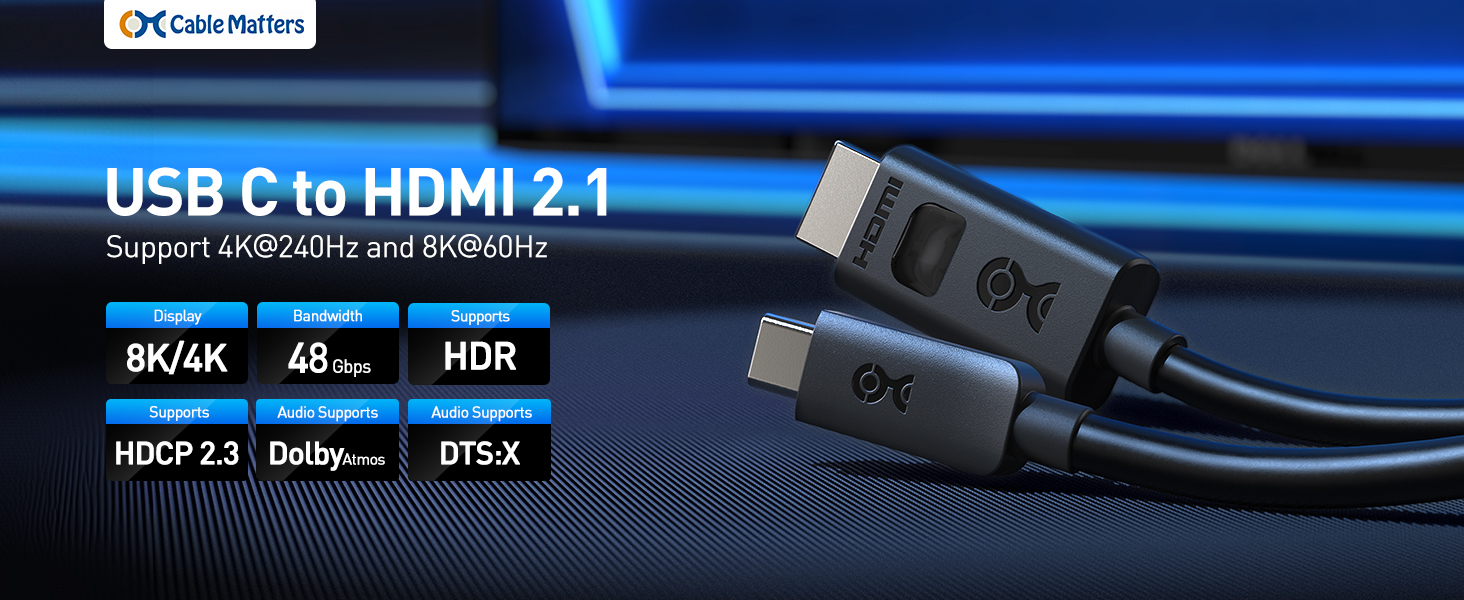 Cable Matters USB C to HDMI 2.1 cable with dynamic HDR, ALLM, and ultra HD video support