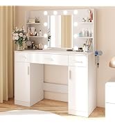 DUMOS Makeup Vanity Desk with Mirror and Adjustable 10 LED Bulbs, White | Vanity Makeup Table wit...