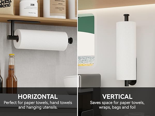 Black paper towel holder shown in horizontal under cabinet and vertical wall mount orientations