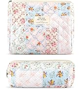 2Pcs Quilted Cotton Makeup Bag Large Travel Makeup Pouch Small Brush Holder Set for Women Cute Fl...