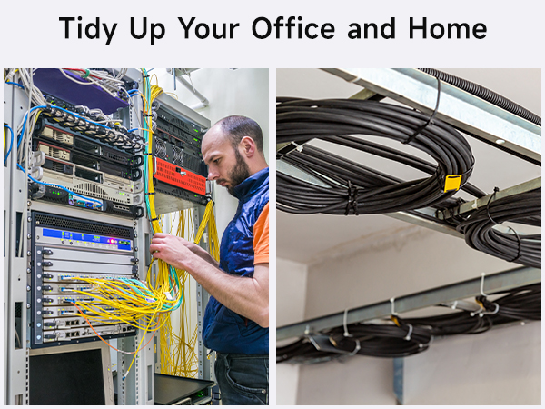 Black and white cable ties for organizing cables at home, office, or garden.