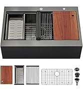 UFaucet 33x22 Inch Black Drop In Farmhouse Sink, 33 Inch Gunmetal Black Top Mount Farmhouse Kitch...