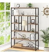 LVB Tall Industrial Etagere Bookcase, Modern Wood Large Open 6 Tier Bookshelf, Vintage Wide Metal...