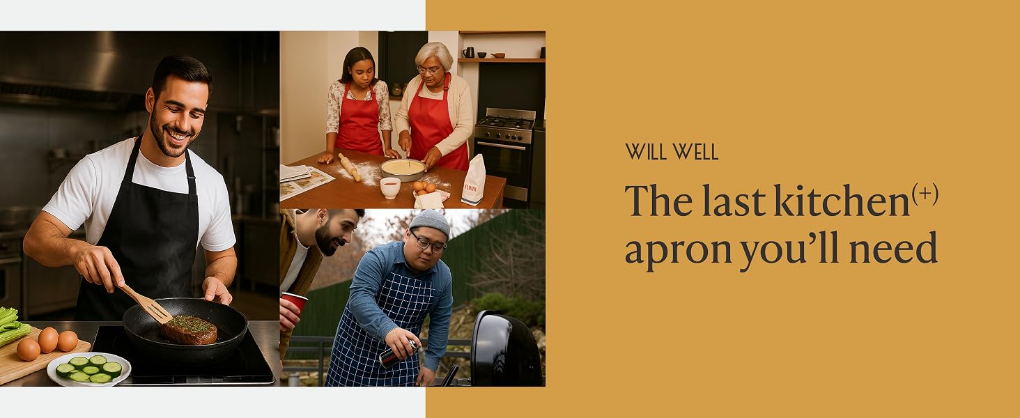 family and single man cooking wearing the Will Well kitchen aprons