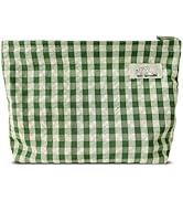 HAPPYHEIDI Large Cute Green Checker Makeup Bag with Compartment Cosmetic Travel Pouch, Nylon Fabr...