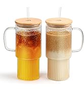 MINGHYZYA 32oz Glass Cups with Handle Lids and Straws, Borosilicate Glass Tumblers for Iced Coffe...