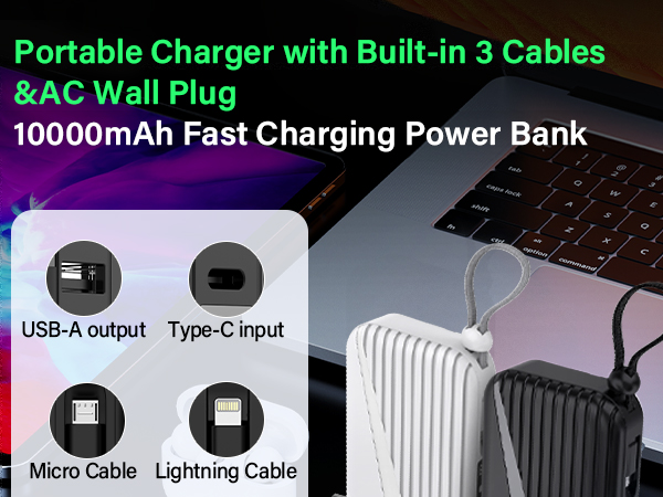 Portable Charger with Built in Cable and AC Wall Plug