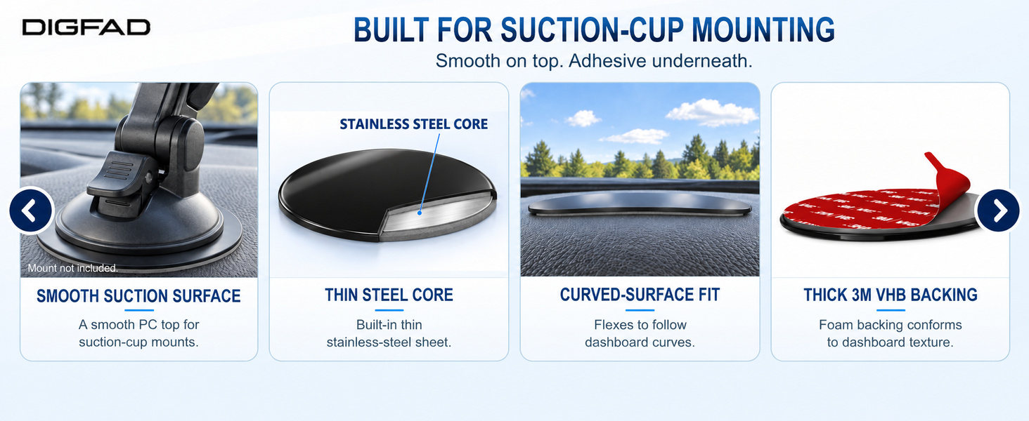 Smooth PC top, thin stainless steel core, curved-surface fit and thick 3M VHB backing.