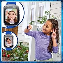 Kid takes a fun selfie. Close ups of DX4 screen show effects kids can apply to their photos.