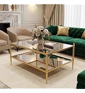 Honyee Gold Glass Coffee Table, 2 Tier Rectangular Coffee Table with Tempered Mirror Top and Glas...