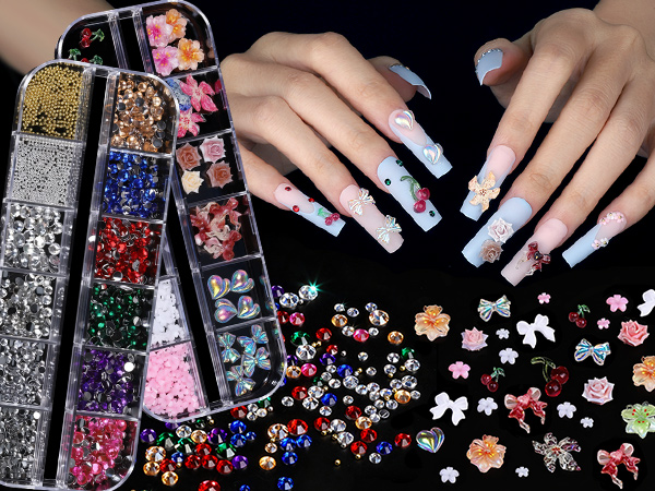 Colorful and Silver Rhinestones & 3D Flower & Cherry Nail Charms