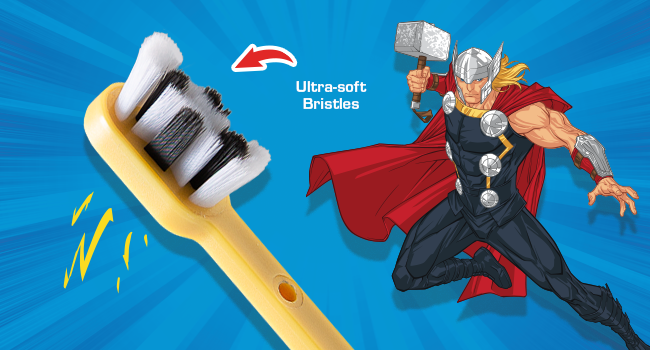 Brush Buddies Marvel Poppin Kids Toothbrush includes ultra soft bristles