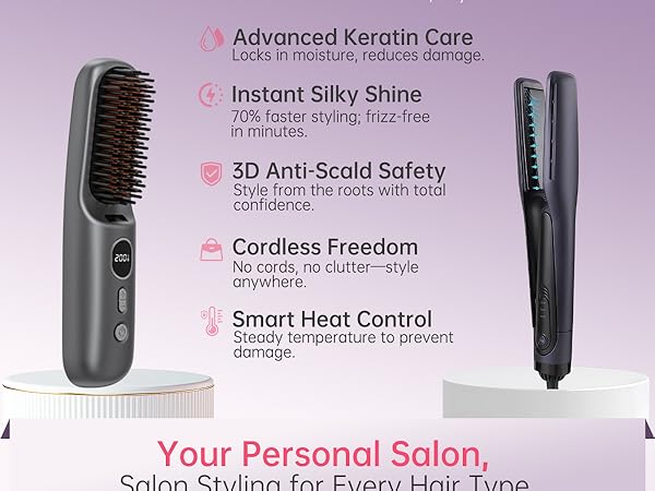 Cordless heated hair brush with smart heat control and anti-scald design.