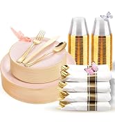 KIRE 175PCS Pink Plates Disposable - Heavy Duty Pink and Gold Plastic Plates Dinnerware Sets - 25...