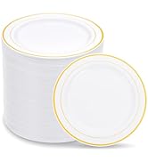 WELLIFE 144Pcs Gold Dessert Plates, 7.5 Inch Plastic Appetizer Plates, White Plates with Gold Rim...