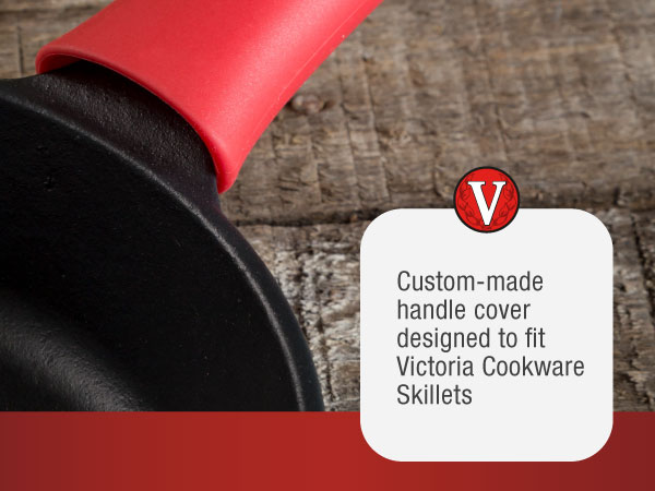 A silicone pan-handle sleeve. Text reads: Custom made for Victoria Cookware skillets.