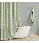 BTTN Boho Farmhouse Shower Curtain Set with Tassel, Water Repellent, Linen Rustic Heavy Duty Fabr...