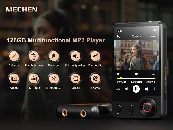 MECHEN 128GB MP3 player with touchscreen display, featuring multiple functions including FM radio, Bluetooth 5.3, and dual audio support.