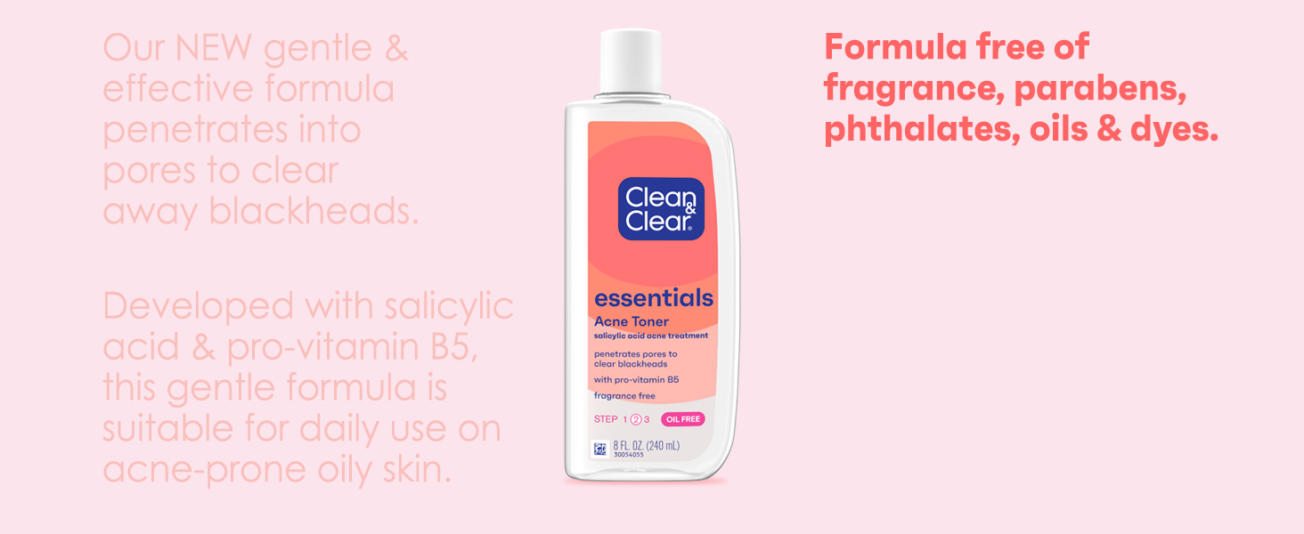 bottle of Clean & Clear Essentials Acne Toner on coral colored background, fragrance & oil free