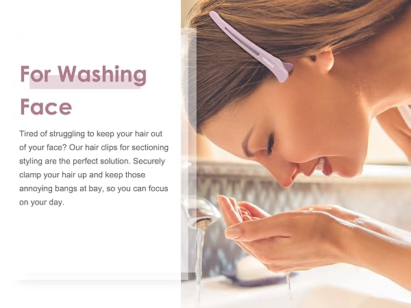 Hair sectioning clip demonstrated for face washing, showing how it keeps hair secured away from face during skincare routines.