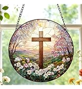 Cross and Wildflowers Stained Glass Sun Catcher,Christian Suncatchers Window Hanging Flower Cross...