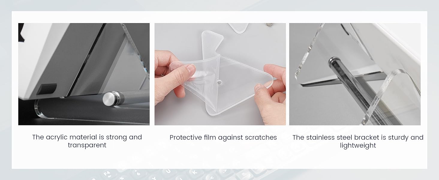 Three-panel instructional image showing installation steps for a clear protective or mounting system with metal components.