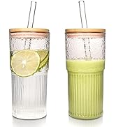 ANOTION Glass Cups with Lids and Straws - 22oz Coffee Cups Drinking Glasses Iced Coffee Cup Reusa...