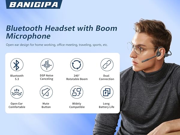 BANIGIPA Bluetooth Headset with Microphone, Open Ear Headphones with Noise Cancelling for Calling
