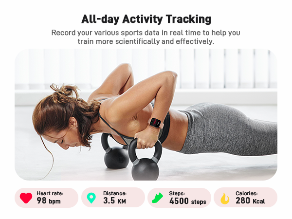 Fitness tracker advertisement showing a woman doing push-ups on kettlebells. Display shows activity data: heart rate, distance, steps, and calories burned.