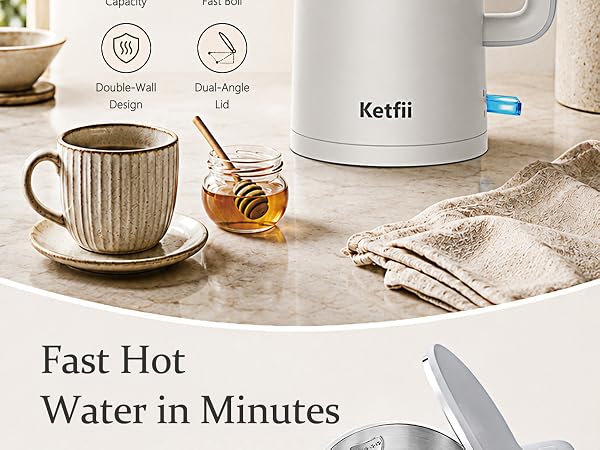 Electric Kettle 1.7L, Double Wall 304 Stainless Steel Hot Water Boiler
