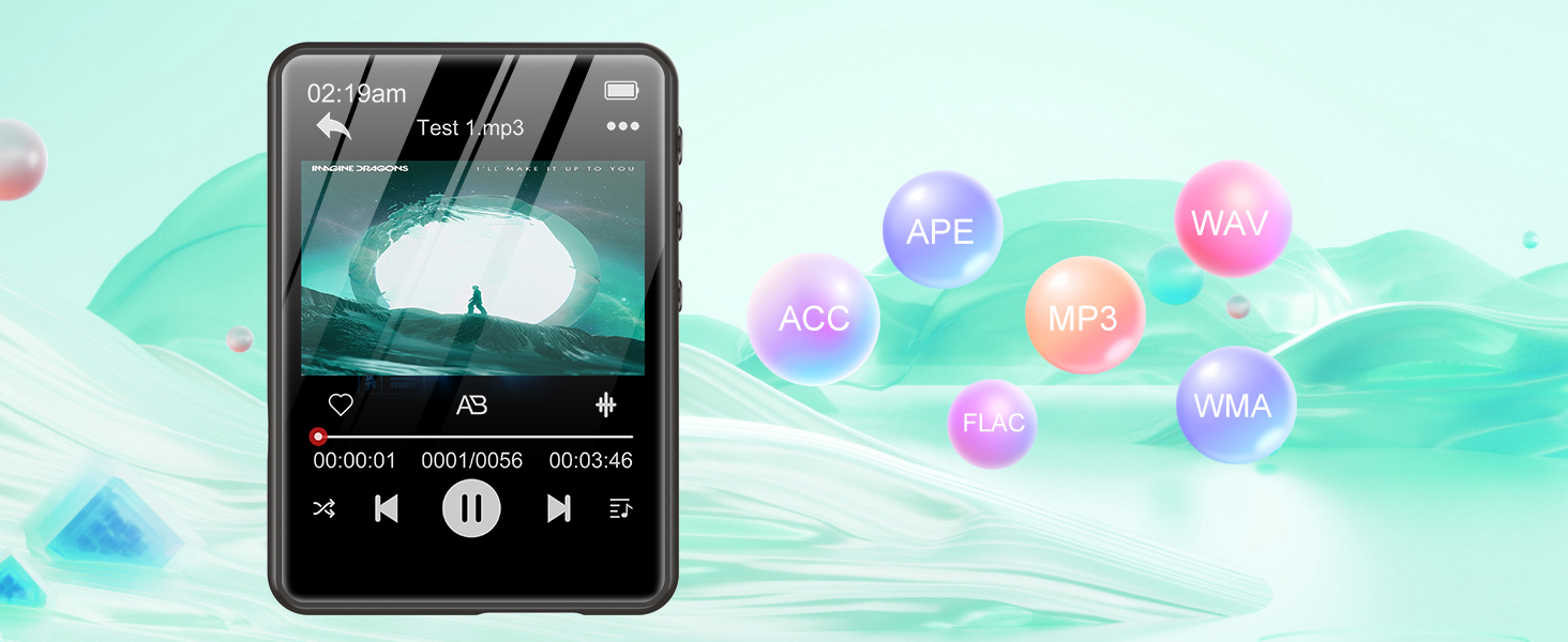 Portable digital music player with touchscreen displaying album art and playback controls. Screen shows song title, artist, and timeline. Surrounded by colorful bubbles representing audio file formats.