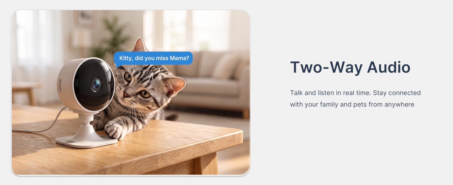 White GNCC GC3 camera beside a cat, illustrating two-way audio