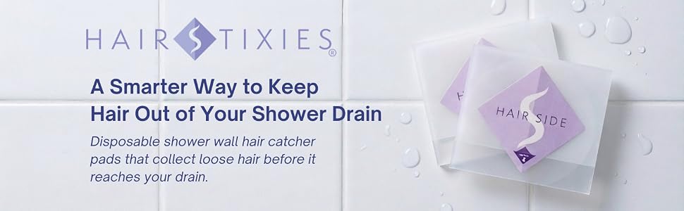 HairStixies disposable shower hair catcher adhesive pads that collect hair and prevent clogged drain